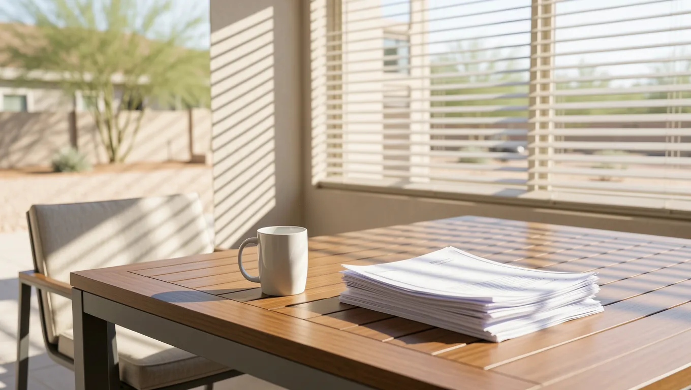 A serene Arizona patio scene representing thoughtful financial planning