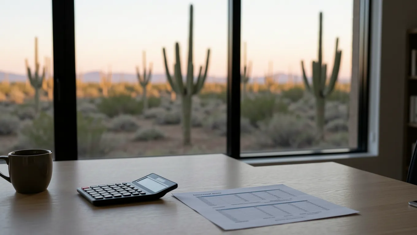 Financial planning tools on a desk with an Arizona desert sunset view