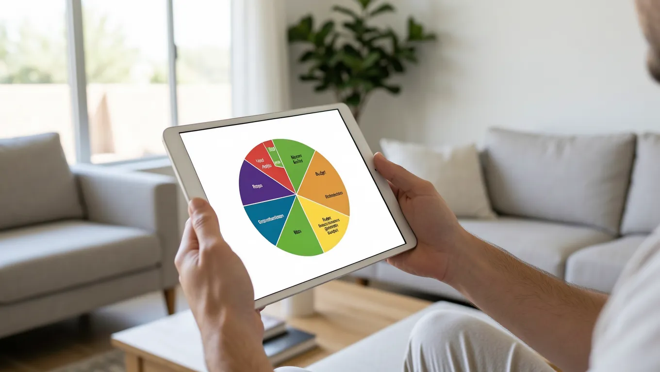 Person reviewing digital budget charts on a tablet in a sunlit room