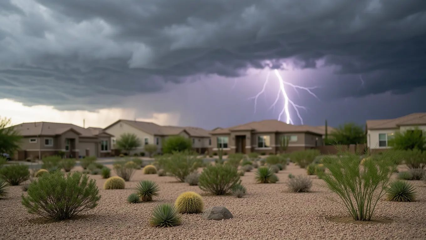 A sudden monsoon storm approaching an Arizona residential suburb