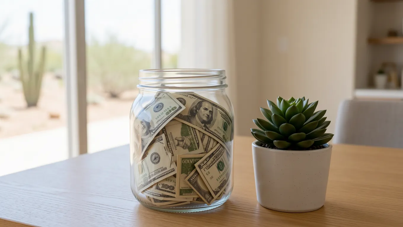 Cash savings kept in a jar near an Arizona houseplant