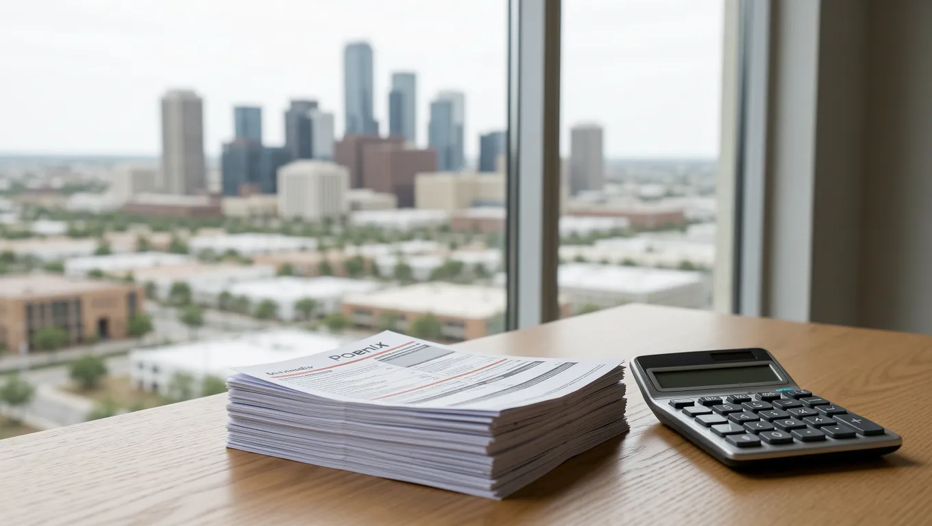 Phoenix skyline viewed through a window next to household bills