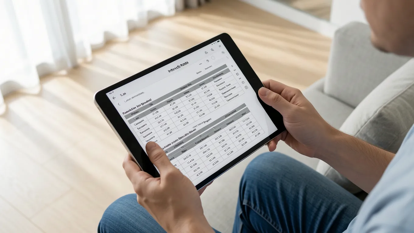 Hands comparing loan rates on a digital tablet