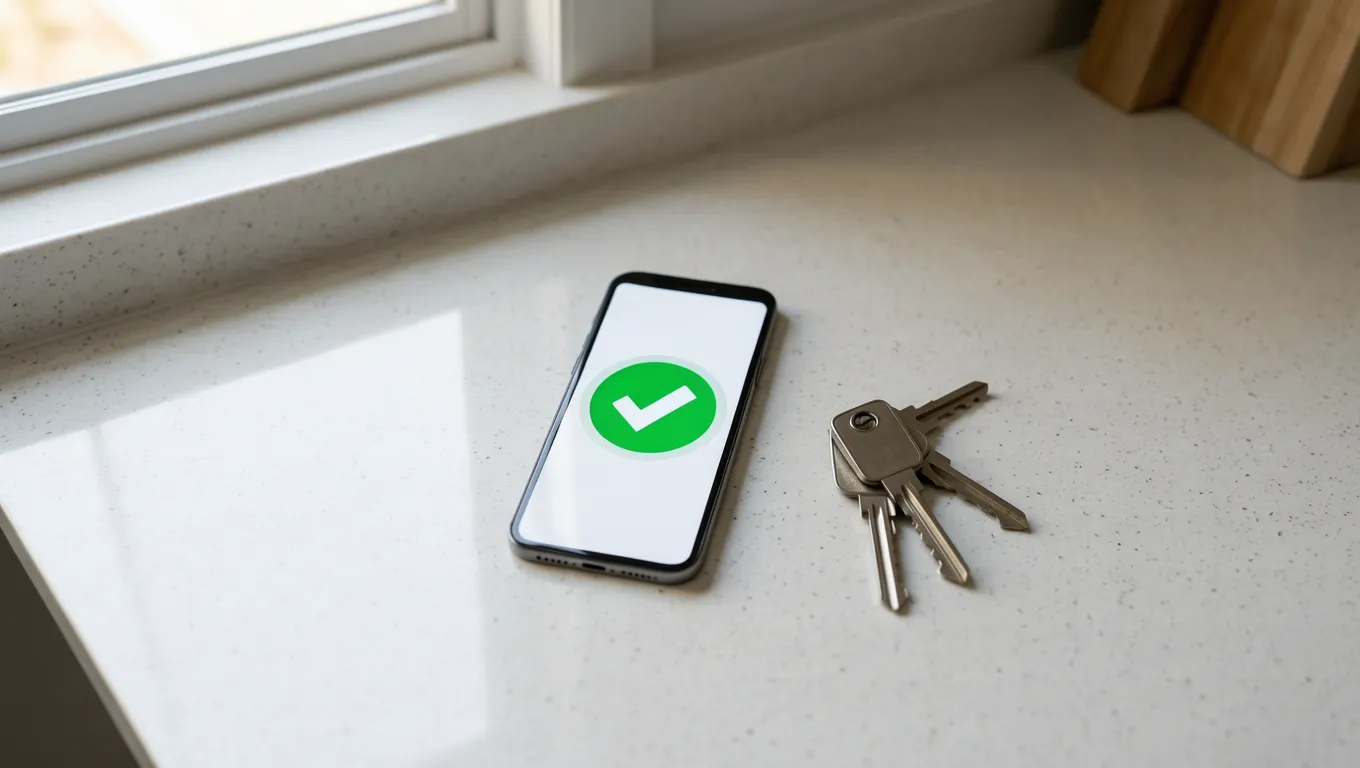 Smartphone showing loan approval status on a kitchen counter
