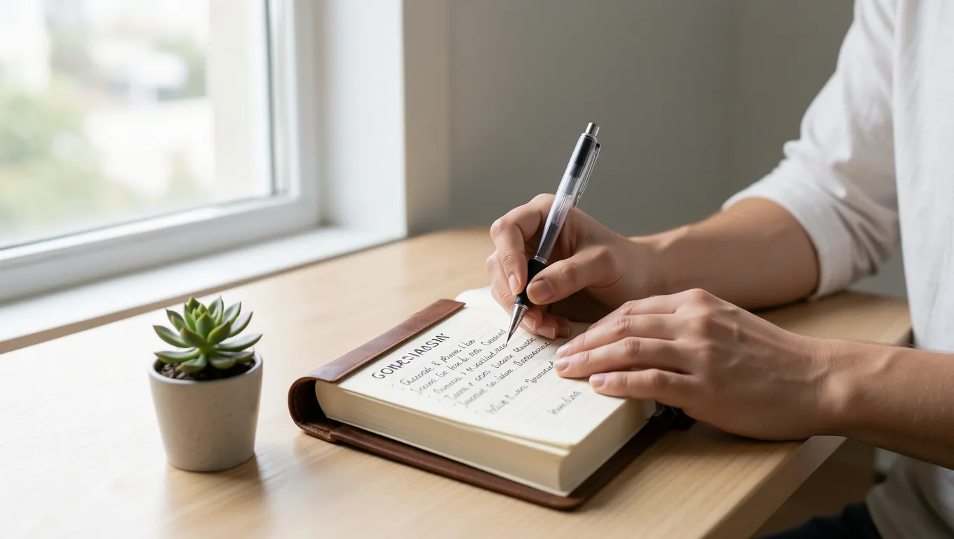 Hands writing financial goals in a journal with sunlight