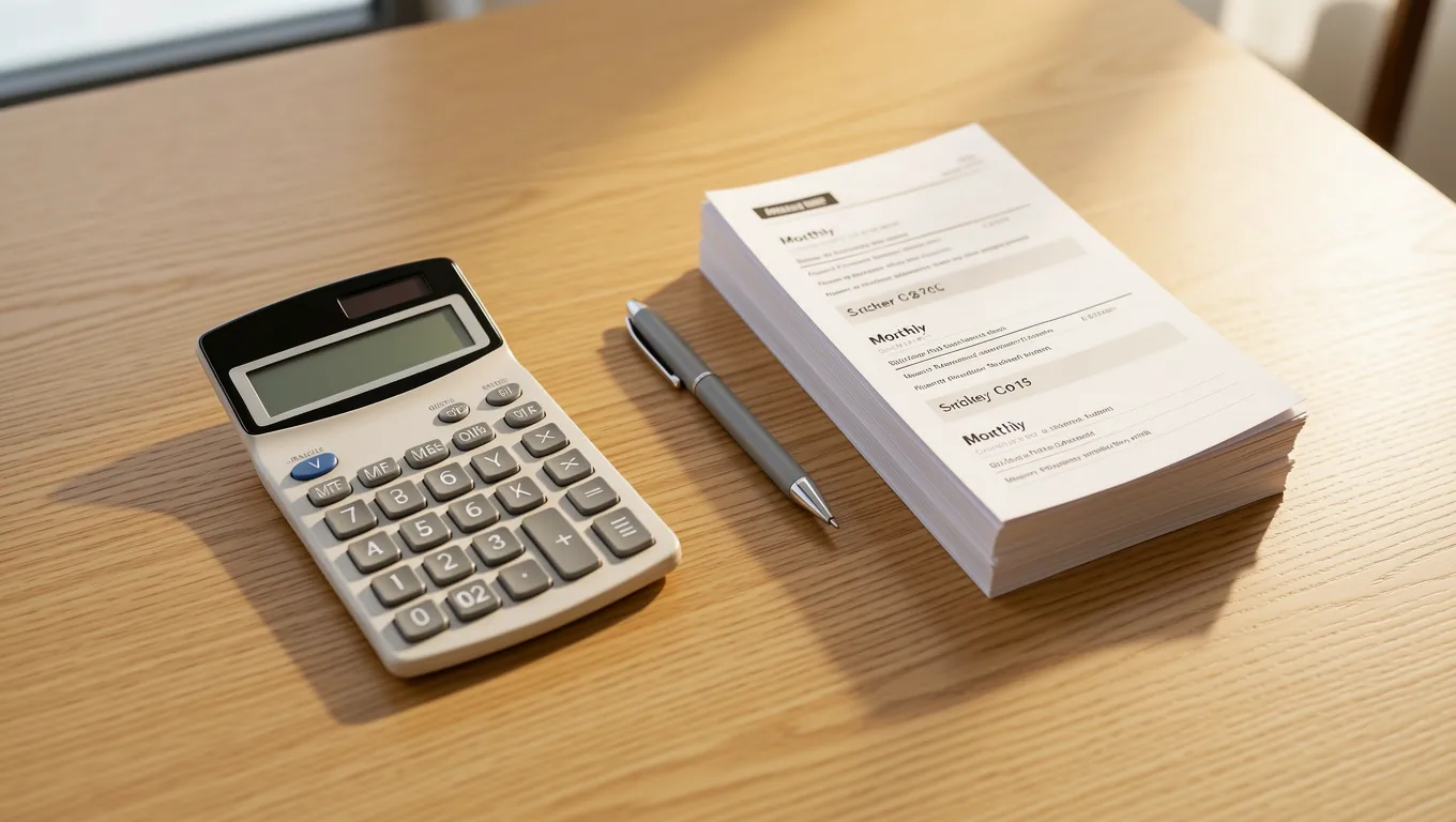 Calculator and financial statements on a wooden desk