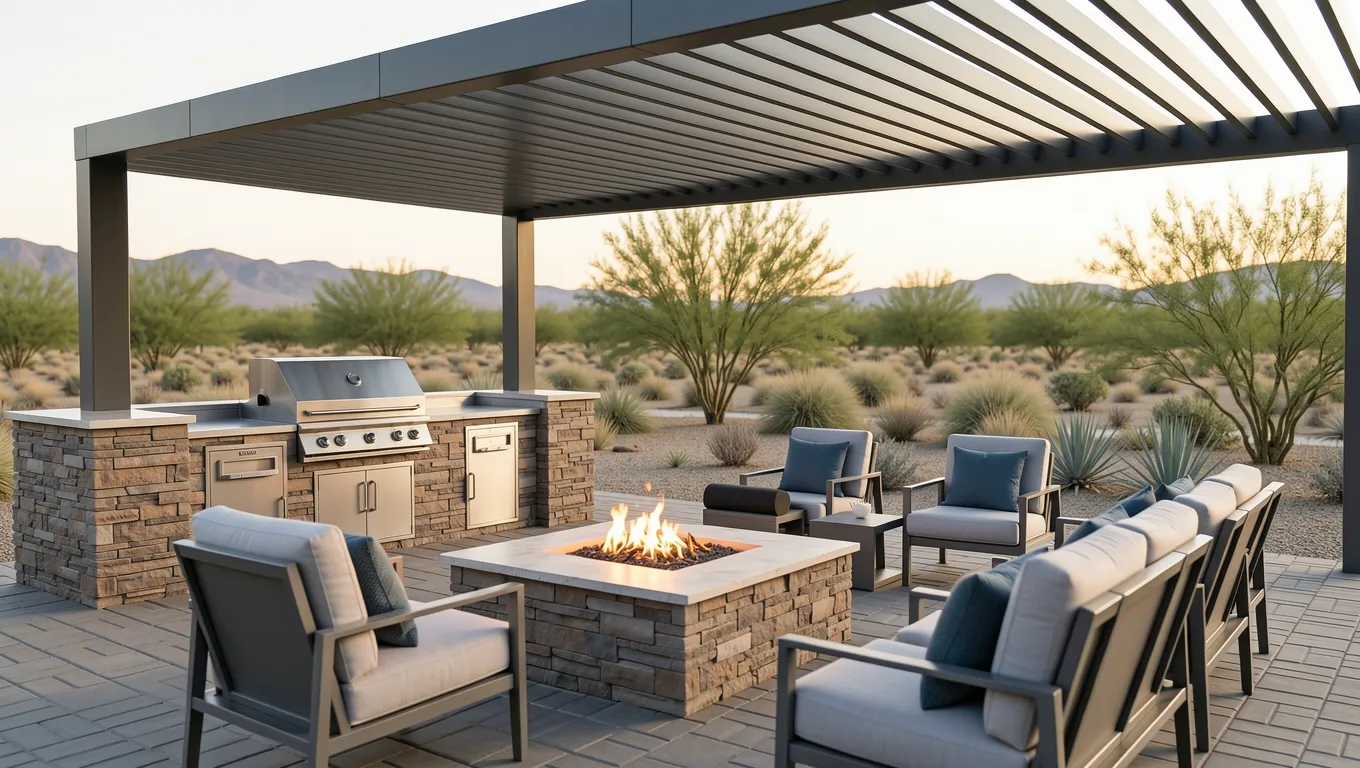 Modern luxury outdoor kitchen and patio renovation in a sunny Phoenix backyard