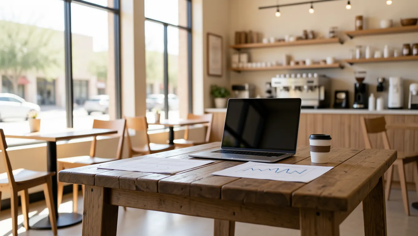 Business planning documents and a laptop on a cafe table