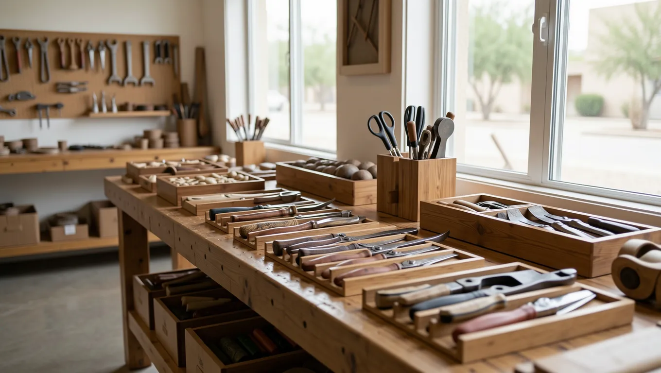 Organized artisan tools and materials in a professional workshop