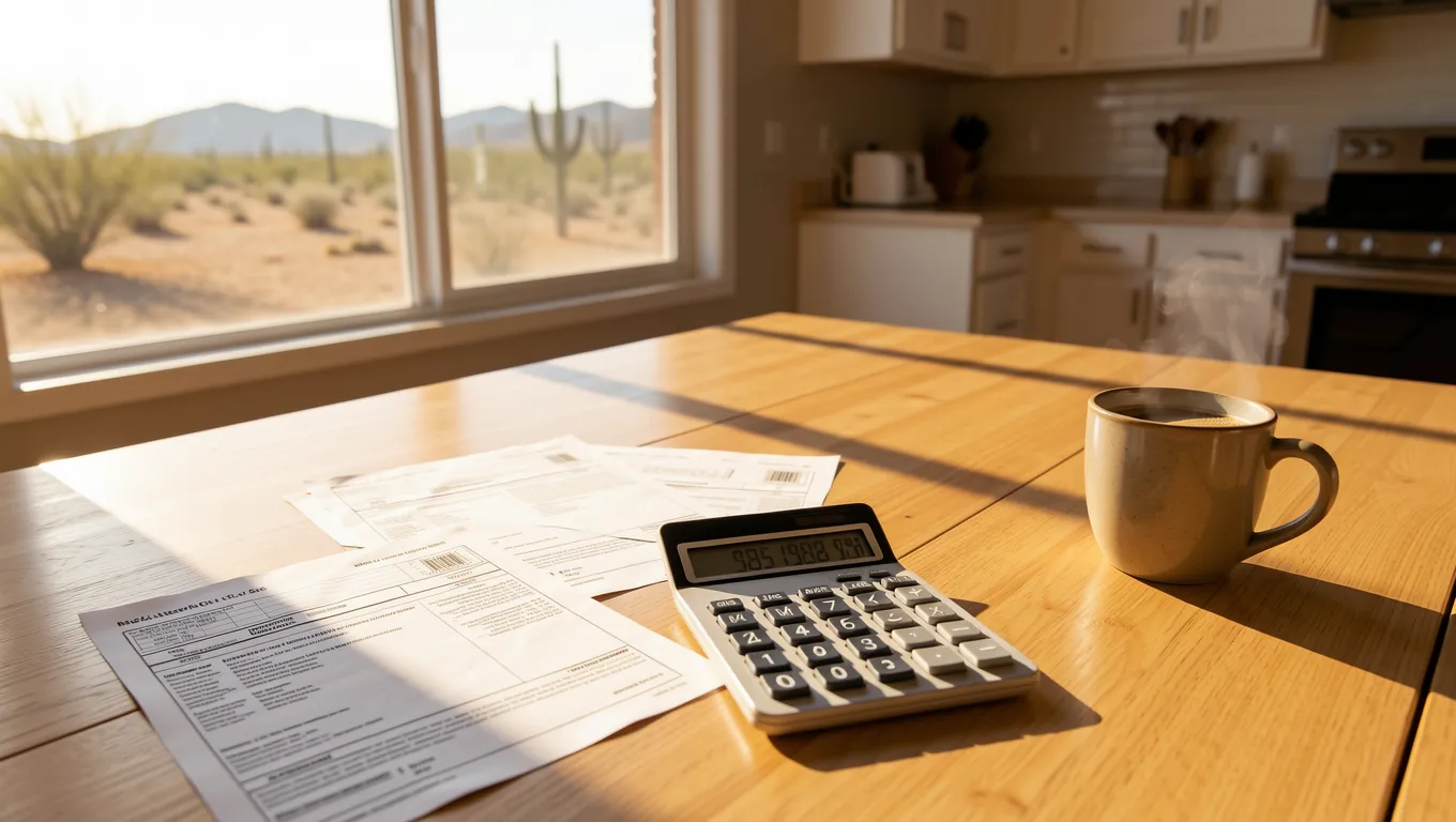 Medical bills and a calculator on a sunny kitchen table