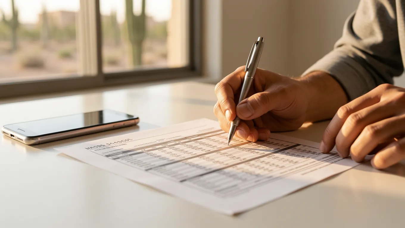 Person reviewing medical bills with a pen in warm sunlight