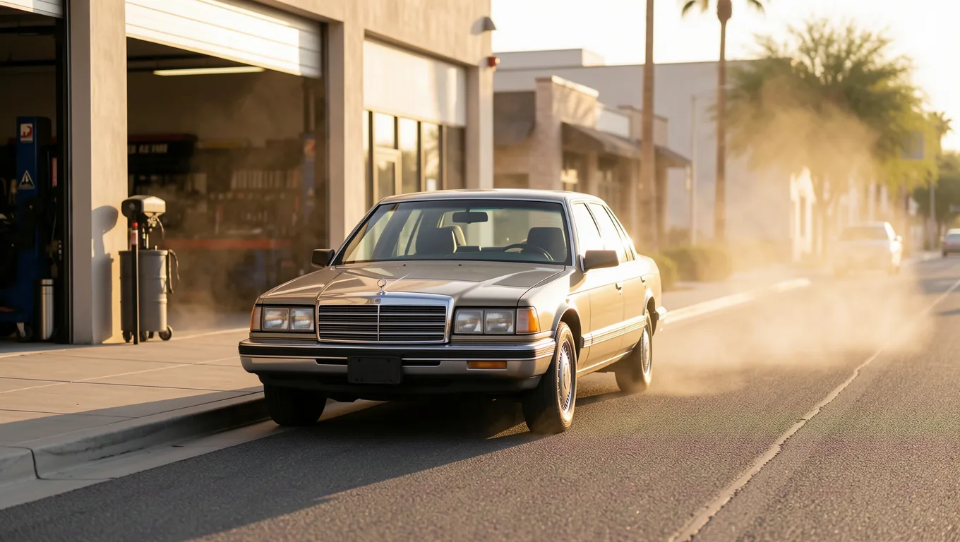 A car parked on a sunny Phoenix street near a mechanic shop