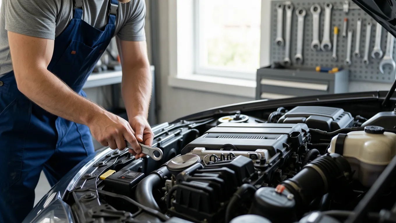 Mechanic hands working on an engine in a bright garage