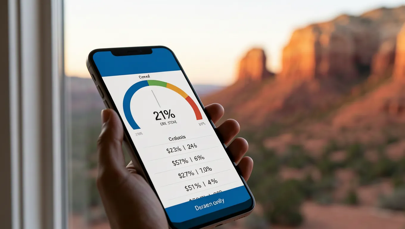 Smartphone displaying a rising credit score against a Sedona sunset