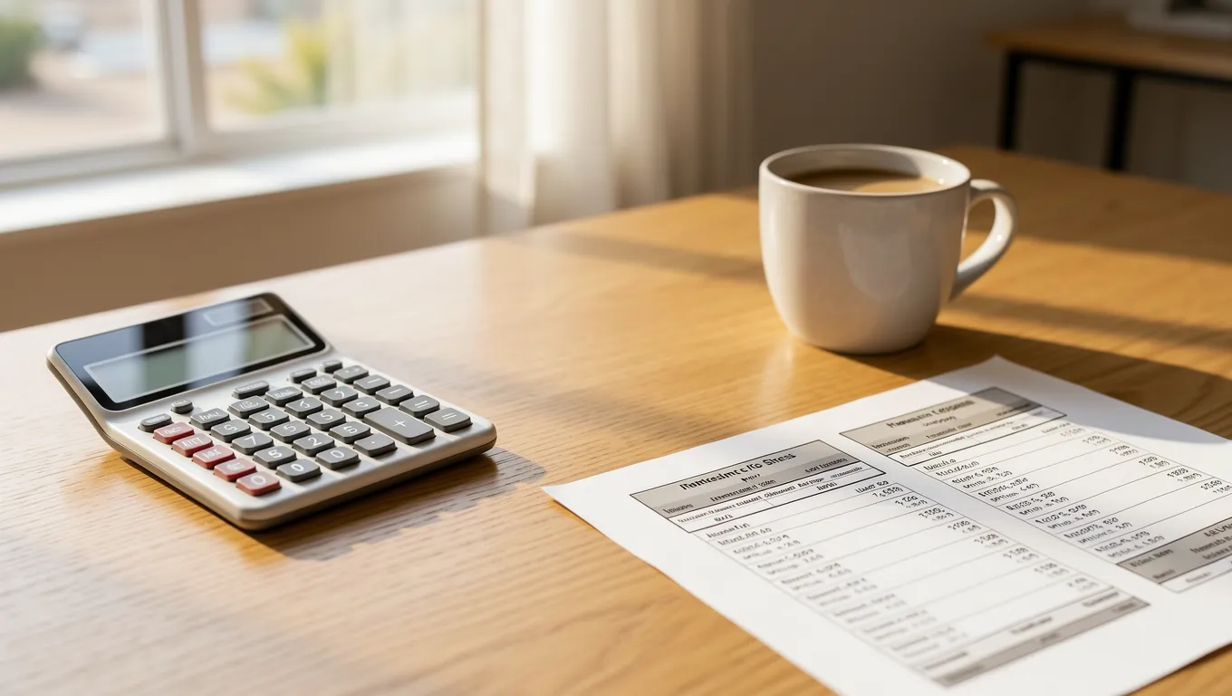 Close up of financial documents and a calculator on a sunny desk