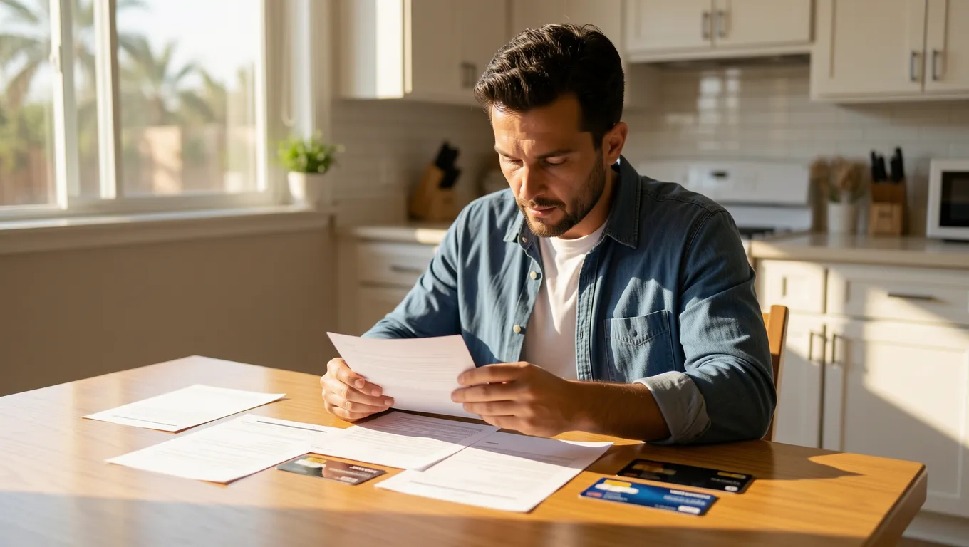 Person reviewing financial documents on a kitchen table in sunlight