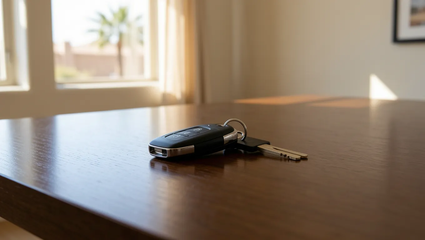 Car and house keys on a wooden table representing loan collateral