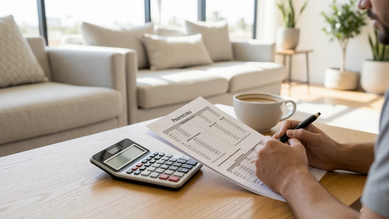 Person calculating monthly loan payments in a bright home office