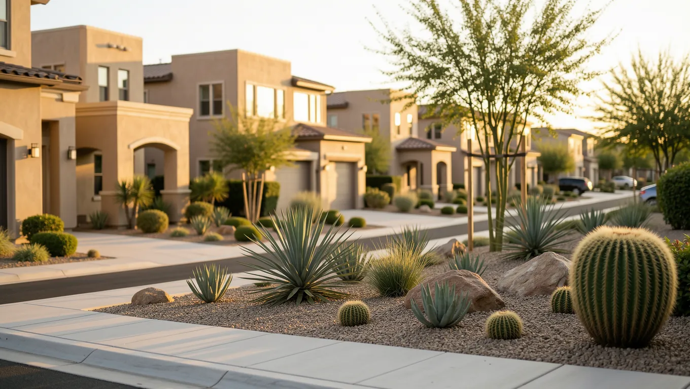 Modern Arizona suburban neighborhood with desert landscaping at sunset