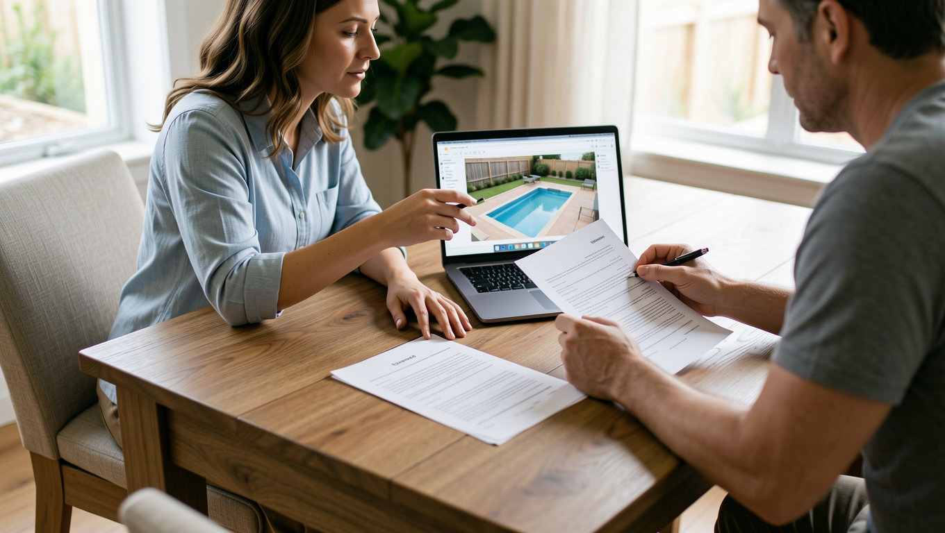 Arizona couple reviewing pool financing options with financial advisor.