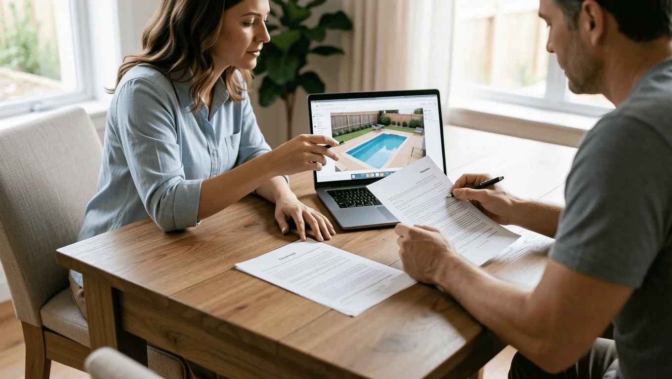 Arizona couple reviewing pool financing options with financial advisor.