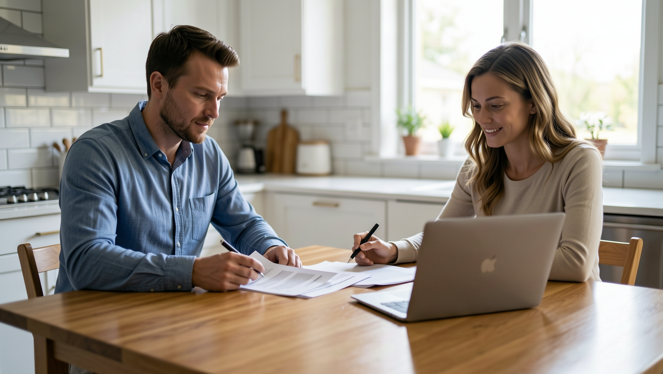 Arizona couple reviewing $25000 loan documents for home renovation.