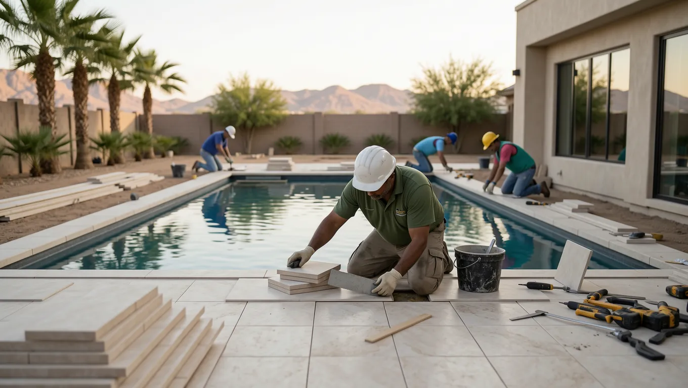 Backyard pool installation with workers and desert scenery for 7500 loan Arizona